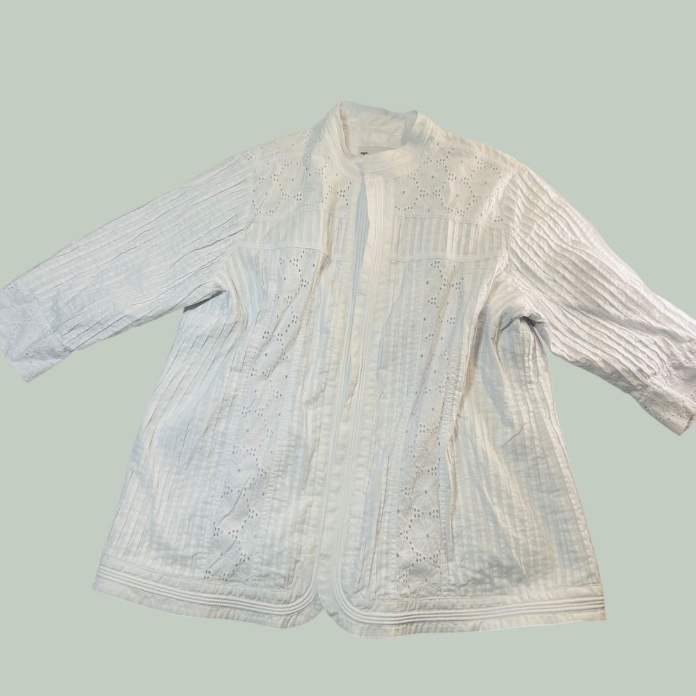 TanJay Womens 18W White Eyelet Pintuck Open Front Jacket 3/4 Sleeve Mock‎ Neck